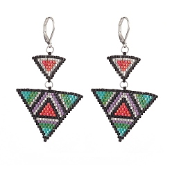 Colorful Glass Seed Beaded Triangle Dangle Leverback Earrings, 304 Stainless Steel Long Drop Earrings for Women, Colorful, 61mm, Pin: 0.8mm