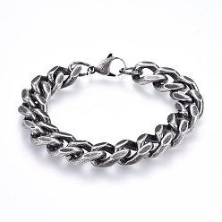Antique Silver 304 Stainless Steel Curb Chains Bracelets, with Lobster Clasps, Faceted, Antique Silver, 8-5/8 inch(22cm), 14x6mm