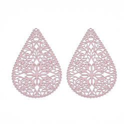 Pink 430 Stainless Steel Filigree Pendants, Spray Painted, Etched Metal Embellishments, Teardrop with Flower, Pink, 40x26.5x0.5mm, Hole: 1mm