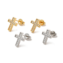 Mixed Color Clear Cubic Zirconia Cross Stud Earrings, Rack Plating Brass Jewelry for Women, Lead Free & Cadmium Free, Mixed Color, 10.5x8.5mm, Pin: 0.7mm