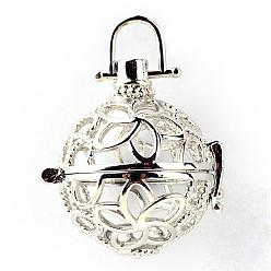 Платина Подвески из латуни, для ожерелья, полый круглый с цветком, платина, 31x28x24 мм, отверстия: 6x6 мм, Внутренняя мера: 21 мм