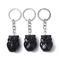 Obsidienne Porte-clés pendentif en obsidienne naturelle, avec des découvertes de porte-clés en fer, chouette, 8 cm