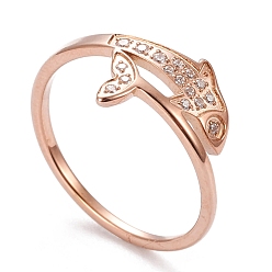 Oro Rosa 304 anillos de dedo del acero inoxidable, con un claro zirconia cúbico, pescado, oro rosa, tamaño de 6~9, 16.5~18.9 mm