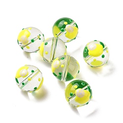 Lemon Transparent Glass Beads, with Enamel, Round, Yellow, Lemon Pattern, 14~15x13~13.5mm, Hole: 1.5~1.6mm