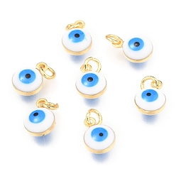 White Brass Enamel Charms, Real 18K Gold Plated, Long-Lasting Plated, with Jump Ring, Evil Eye, White, 9.5x6.5x4.5mm, Hole: 2.5mm