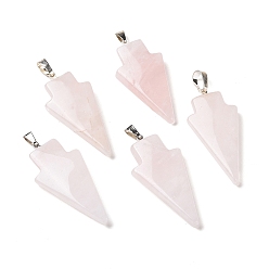 Quartz Rose Naturel a augmenté pendentifs en quartz, charme de flèche, avec les accessoires en laiton de tonalité de platine, 39~44x18.5~20x6~7mm, Trou: 3~4x5~6.5mm