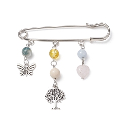 Platinum Natural & Synthetic Mixed Gemstone Heart & Butterfly & Tree Charms Safety Pin Brooch, Alloy Lapel Pin for Sweater Clasp Pants Waist Extender, Platinum, 75x76x5mm