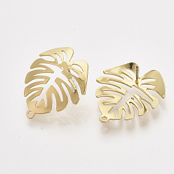 Light Gold Tropical Theme Iron Stud Earring Findings, with Steel Pins and Hole, Monstera Leaf, Light Gold, 28x24mm, Hole: 1.4mm, Pin: 1.4mm
