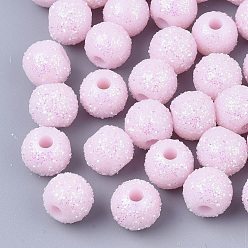 Pink Opaque Acrylic Beads, with Glitter Powder, Round, Pink, 8.5x7mm, Hole: 2mm