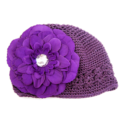 Темно-Фиолетовый Ручная работа вязания крючком детская шапочка, С тканевыми цветами, темно-фиолетовый, 180 мм
