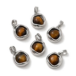 Tiger Eye Natural Tiger Eye Brass Flat Round Charms, Real Platinum Plated, 14x11.5x6mm, Hole: 4x3mm