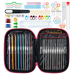 Red DIY Hand Knitting Craft Art Tools Kit for Beginners, with Storage Case, Crochet Needles Set, Knitting Needles, Needles Stitch Marker, Scissor, Red, 18.5x13.5x2cm