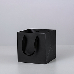 Black Solid Color Kraft Paper Gift Bags with Ribbon Handles, for Birthday Wedding Christmas Party Shopping Bags, Square, Black, 25x25x25cm