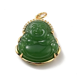 Green Natural Dyed Jade Pendants, with Rack Plating Real 18K Gold Plated Brass Findings and Jump Ring, Laughing Buddha, Cadmium Free & Nickel Free & Lead Free, Green, 24x19x7.5mm, Jump Ring: 5x0.7mm, Hole: 3.4mm