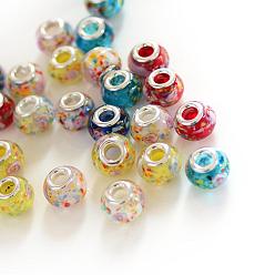 Mixed Color Rondelle Lampwork Large Hole European Beads, with Silver Color Plated Brass Cores, Mixed Color, 13~14x10~11mm, Hole: 5mm