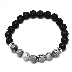 Picasso Jasper Natural Picasso Jasper Beads Stretch Bracelets, with Synthetic Lava Rock Beads and Alloy Beads, Round, Inner Diameter: 2-1/8 inch(5.5cm), Beads: 8.5mm