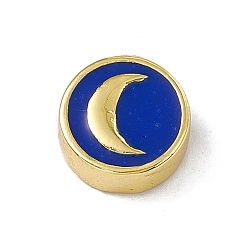 Blue Real 18K Gold Plated Brass Enamel Beads, Long-Lasting Plated, Cadmium Free & Lead Free, Flat Round with Moon, Blue, 11x4.5mm, Hole: 1.8mm