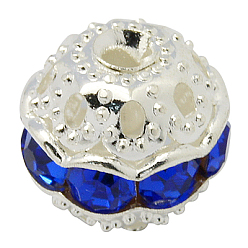 Bleu Foncé Perles en laiton de strass, Grade a, ronde, couleur argent plaqué, bleu foncé, taille: environ 10mm de diamètre, Trou: 1.2mm