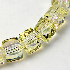 Verge D'or Pâle Perles en verre electroplate, arc-en-ciel plaqué, facette, cube, verge d'or pale, 9x9x9mm, Trou: 1mm