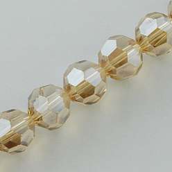 Verge D'or Pâle Perles en verre electroplate, perle plaquée lustre, à facettes (32 facettes), ronde, verge d'or pale, 8x7mm