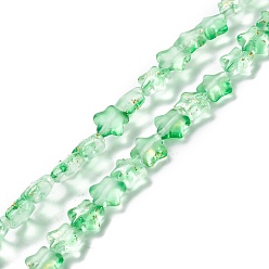 Green Transparent Glass Beads Strand, with Glitter Powder, Star, Green, 7.5~8x8.3x4mm, Hole: 0.7~1mm, about 50pcs/strand, 14.72~14.92 inch(37.4~37.9cm)