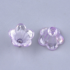 Violet Transparentes bouchons acrylique de perles, perles de fleur de trompette, couleur ab , 5 pétales, fleur, violette, 10x14x13.5mm, trou: 1.6 mm, environ 1370 pcs / 500 g