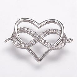 Platinum Brass Micro Pave Cubic Zirconia Links, Heart and Infinity, Polyamory Charm, Platinum, 15x22.5x2mm, Hole: 1mm