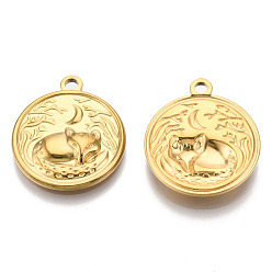 Real 18K Gold Plated 201 Stainless Steel Pendants, Flat Round with Fox Charm, Real 18K Gold Plated, 23.5x20.5x3mm, Hole: 2mm