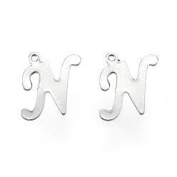 Stainless Steel Color 304 Stainless Steel Letter Charms, Letter.N, Stainless Steel Color, 14x11x0.8mm, Hole: 1mm