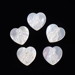 White Shell Natural White Shell Cabochons for Religion, Heart with Virgin Mary, 15x15x2.5mm
