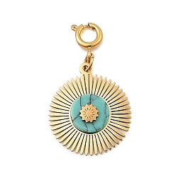 Golden Natural Green Turquoise Flat Round Pendants Decorations, with 304 Stainless Steel Spring Ring Clasps, Golden, 30.5mm