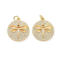 Real 18K Gold Plated Brass Micro Pave Clear Cubic Zirconia Pendants, with Jump Ring, Long-Lasting Plated, Flat Round with Dragonfly, Real 18K Gold Plated, 22x19x3mm, Jump Rings: 5x1mm, 3mm Inner Diameter