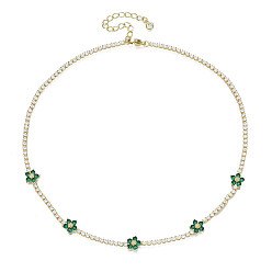 Green Cubic Zirconia Classic Tennis Necklace with Flower Links, Golden Brass Jewelry for Women, Green, 14.37 inch(36.5cm)