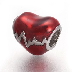 Red 304 Stainless Steel European Beads, with Enamel, Large Hole Beads, Heartbeat, Stainless Steel Color, Red, 10x12x9mm, Hole: 4.5mm