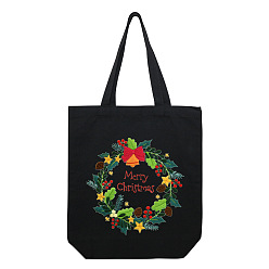 Colorful DIY Christmas Wreath Pattern Black Canvas Tote Bag Embroidery Kit, including Embroidery Needles & Thread, Cotton Fabric, Plastic Embroidery Hoop, Colorful, 390x340x100mm
