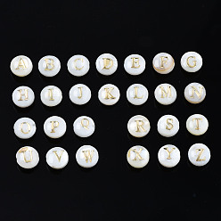 Letter A~Z Natural Freshwater Shell Beads, with Golden Plated Brass Etched Metal Embellishments, Horizontal Hole, Flat Round with Letter, Seashell Color, Letter A~Z, 6x4mm, Hole: 0.8mm, about 26pcs/set