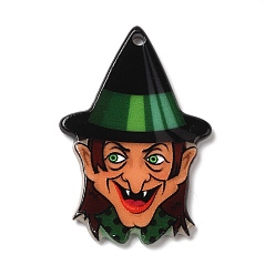 Green Halloween Acrylic Pendants, Witch, Green, 38x25.5x2mm, Hole: 1.8mm