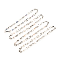 Mixed Color 304 Stainless Steel Oval & Ring Link Chains Necklace with Natural Pearl Beaded for Women, Stainless Steel Color, Mixed Color, 15.55 inch(39.5cm)