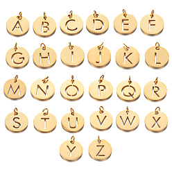 Letter A~Z 304 Stainless Steel Charms, Flat Round with Alphabet, Letter A~Z, 12x1mm, Hole: 2.5mm, 1pc/letter, 26letters