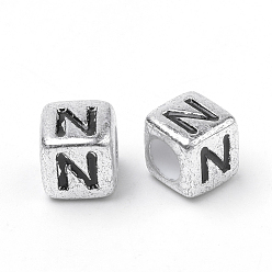 Letter N Plated Acrylic Beads, Horizontal Hole, Cube with Letter, Antique Silver, Letter.N, 6mm, Hole: 3mm, about 3000pcs/500g