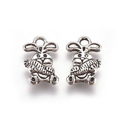 Antique Silver Tibetan Style Rabbit Alloy Charms, Bunny with Carrot Pendants, Cadmium Free & Lead Free, Antique Silver, 14.5x10x2.5mm, Hole: 2mm, about 1175pcs/1000g