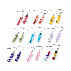 Mixed Color 9 Pairs 9 Color Lampwork Evil Eye Round Beaded Dangle Earrings, 304 Stainless Steel Lucky Jewelry for Women, Mixed Color, 40mm, Pin: 0.6mm