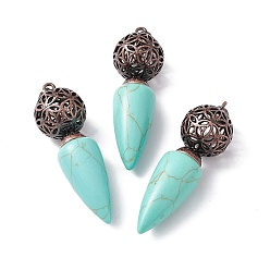 Synthetic Turquoise Synthetic Turquoise Big Pendants, Cone Charms with Rack Plating Brass Hollow Ball, Red Copper, Cadmium Free & Lead Free, 57~58x17.5~18mm, Hole: 8x5mm