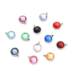 Mixed Color 304 Stainless Steel Charms, with Acrylic Rhinestone, Birthstone Charms, Faceted, Flat Round, Stainless Steel Color, Mixed Color, 12x10x4.4mm, Hole: 1.3mm