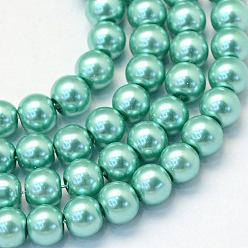 Aguamarina mediana Hornear cristales de perlas de vidrio pintado, pearlized, rondo, aguamarina mediana, 3~4 mm, agujero: 0.5 mm, sobre 195 unidades / cadena, 23.6 pulgada