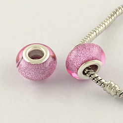 Rose Nacré  Perles européennes en résine de grand trou, avec couleur argent plaqué doubles noyaux de cuivre, rondelle, perle rose, 14x9mm, Trou: 5mm