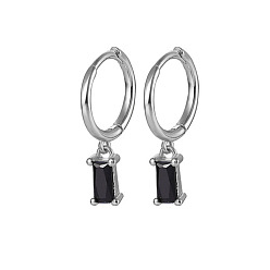 Noir Boucles d'oreilles créoles en argent sterling plaqué rhodium platine pour femmes, rectangle, noir, 925mm