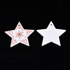 White Christmas Theme Spray Painted Wood Pendants, Single-Sided Printed, Star with Snowflake, White, 47x49x2.5mm, Hole: 2mm