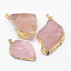 Golden Natural Madagascar Rose Quartz Crystal Pendants, Nuggets, with Brass Finding, Golden, 45~63x26~33x9~10mm, Hole: 5x8mm