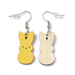 Gold Rabbit Wooden Dangle Earrings, Platinum Tone Iron Earring with Ear Nut for Women, Gold, 52mm, Pin: 0.7mm, Pendant: 31x14.5x2.7mm